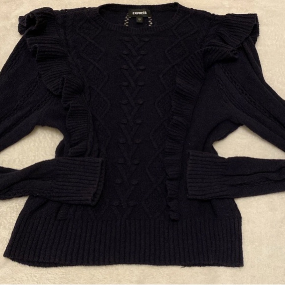 Express Navy Cable Knit Ruffle Sweater - Picture 13 of 13